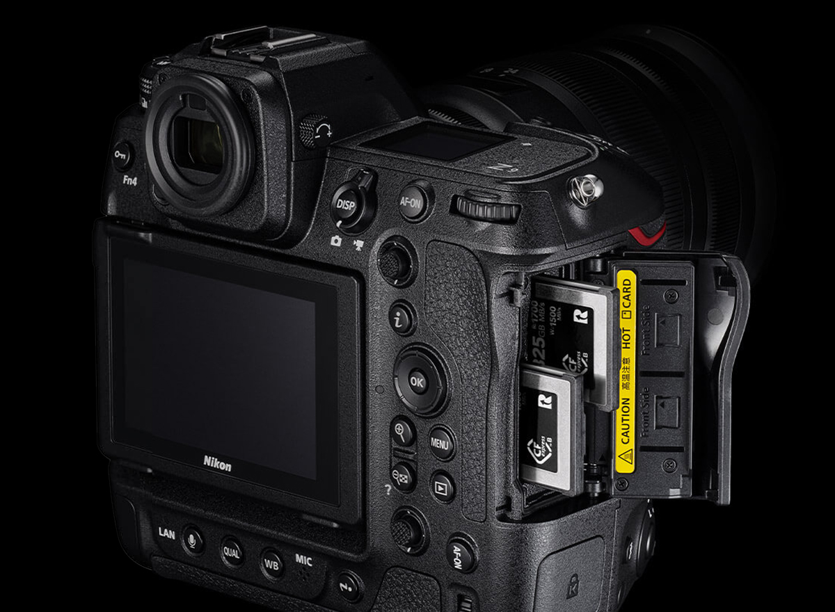 Photo of the back and side of the Z 9 mirrorless camera showing the two card slots