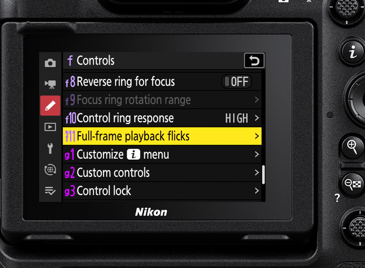 Photo of the back of the Z 9 showing the LCD and custom controls menu